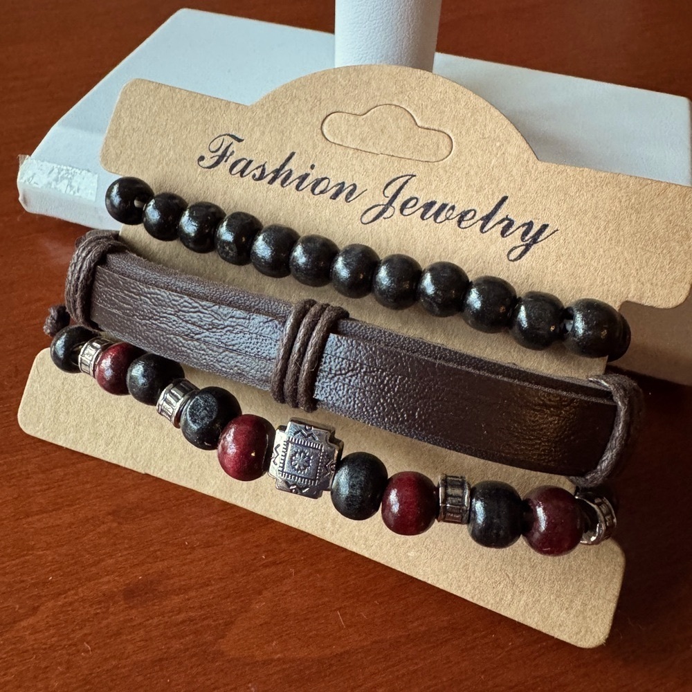 Black and Brown Leather Beaded Bracelet Set